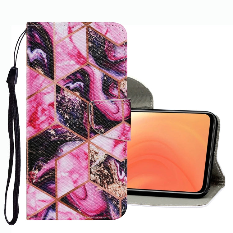 Pink geometric collage leather phone case with raised flap and wrist strap.