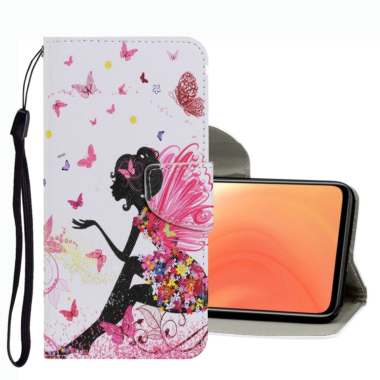 White floral leather phone case with butterfly and girl silhouette, card slot and strap.
