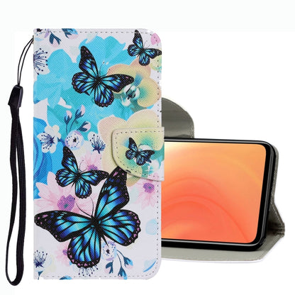 Light blue butterfly leather phone case with multicolor flowers, card slot and wrist strap.