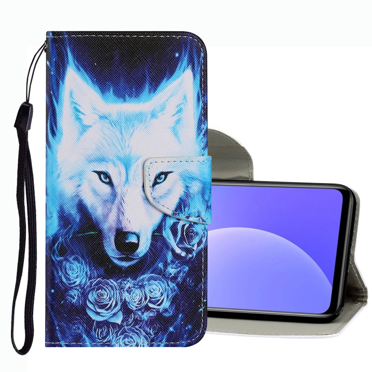 Leather phone case with blue wolf face print, magnetic flap, and wrist strap