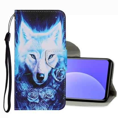 Leather phone case with blue wolf face print, magnetic flap, and wrist strap