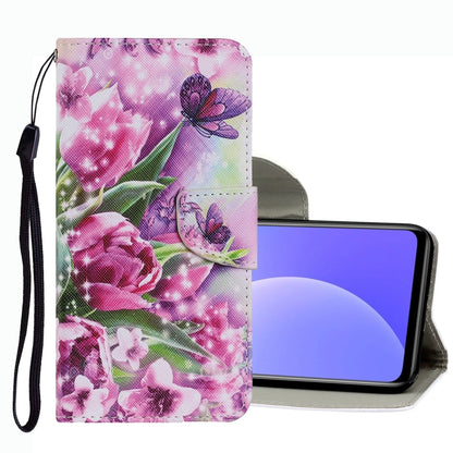 Leather phone case with pink floral butterfly pattern, magnetic flap, and wrist strap