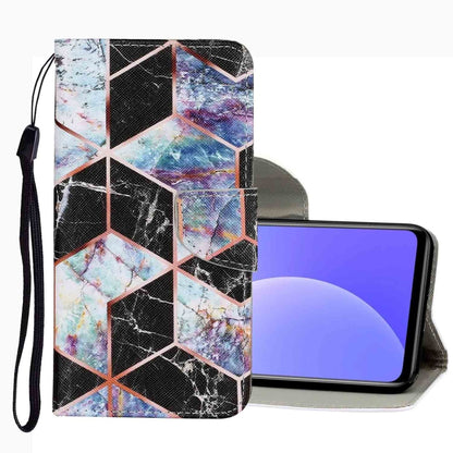 Leather phone case with colorful geometric cube pattern, magnetic flap, and wrist strap