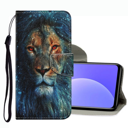 Leather phone case with lion illustration, magnetic flap, and wrist strap
