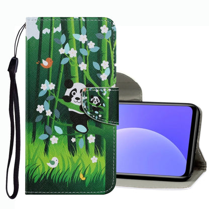 Leather phone case with green panda and flowers print, magnetic flap, and wrist strap