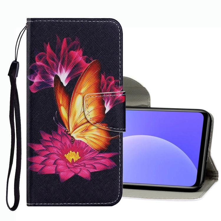 Leather phone case with pink and yellow flower design, magnetic flap, and wrist strap