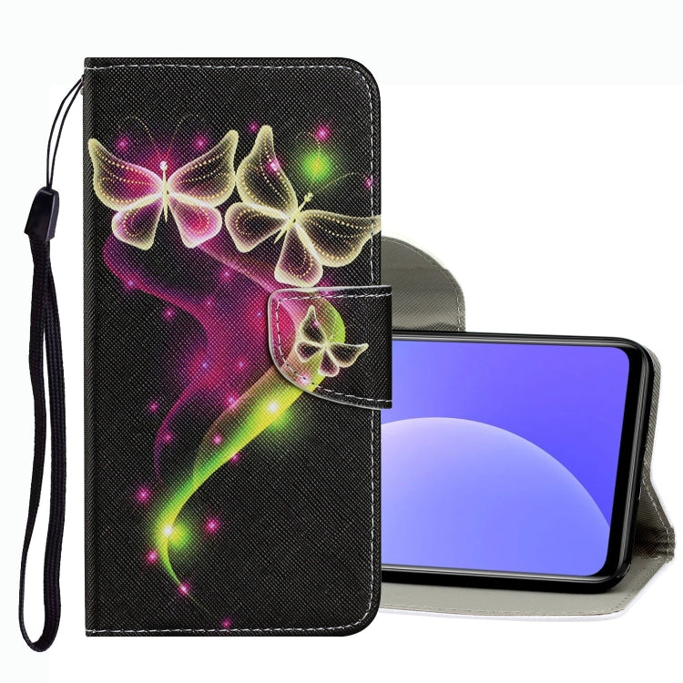 Leather phone case with glowing butterfly pattern, magnetic flap, and wrist strap