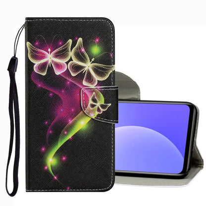 Leather phone case with glowing butterfly pattern, magnetic flap, and wrist strap