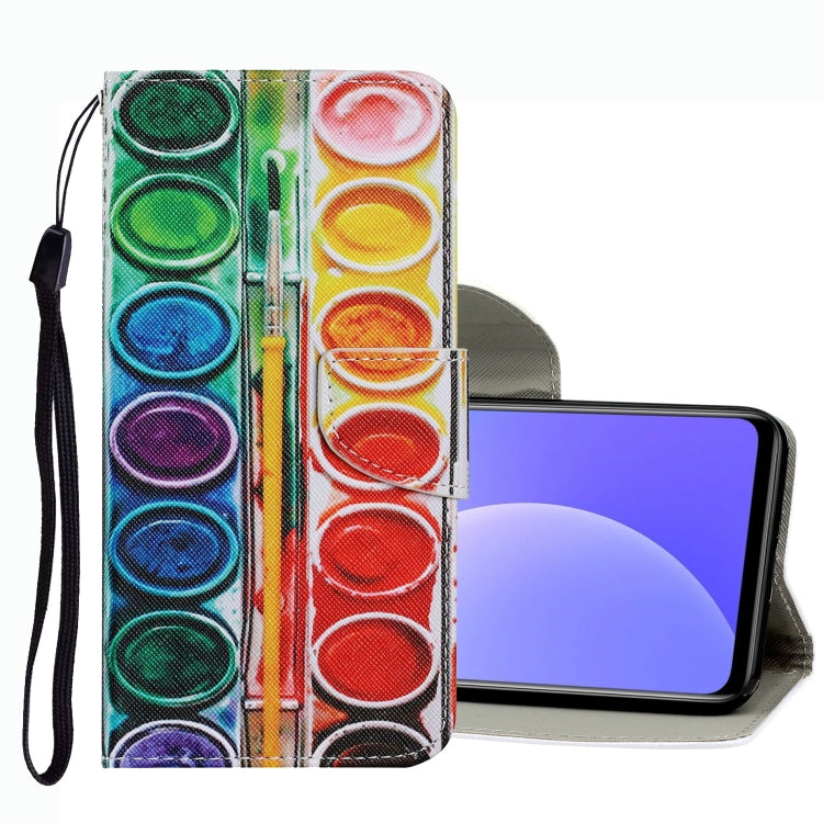 Colorful circle paint art leather phone case with wrist strap and card slot flap.