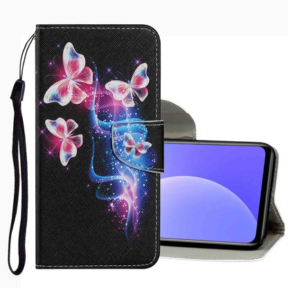 Black leather phone case with pink and blue butterflies, wrist strap, and card slot flap.