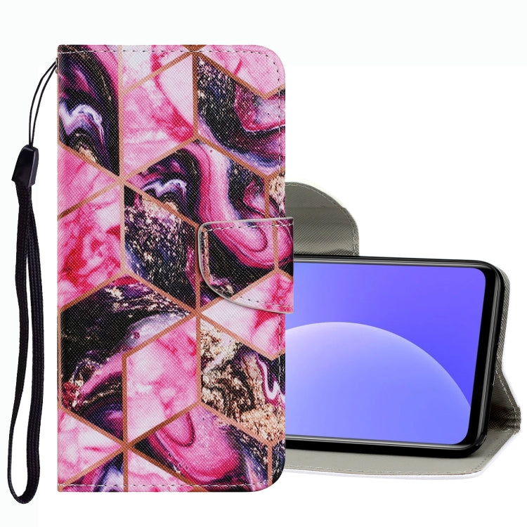 Pink and purple abstract pattern leather phone case with wrist strap and card slot flap.