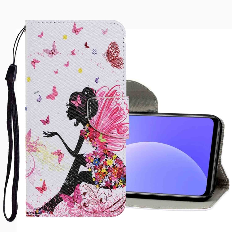 White leather phone case with pink girl and butterflies, wrist strap, card slot flap.