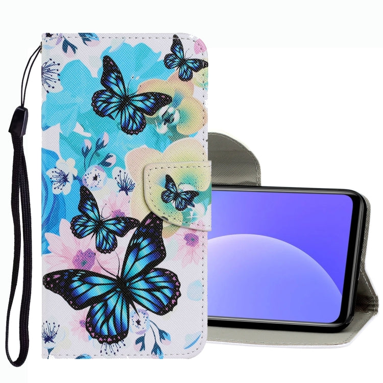 Light blue floral butterfly leather phone case with wrist strap and card slot flap.