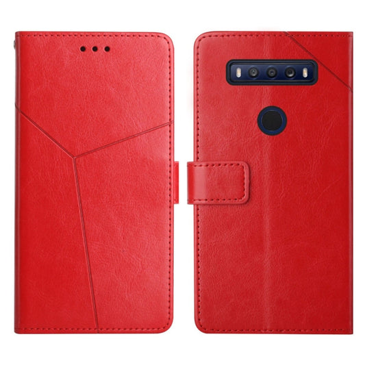 Red flip leather phone case with stitched geometric panels and card holder flap