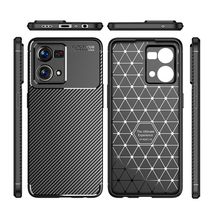 Black carbon fiber TPU phone case showing front and back with cutouts and buttons