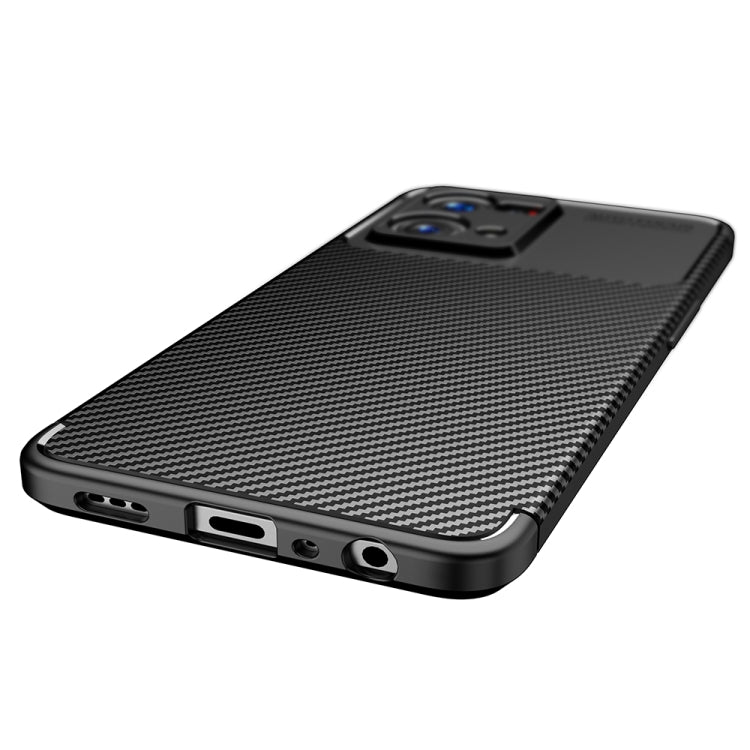 Black carbon fiber texture TPU phone case, side view with port cutouts