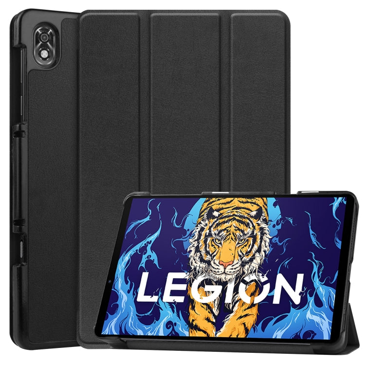 Black tri-fold leather-look tablet case with textured finish and side camera cutout