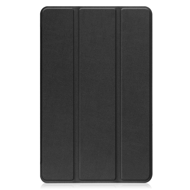 Black tri-fold tablet case with textured leather-look exterior, folios closed
