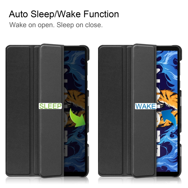 Black tri-fold tablet case with sleep/wake flap shown open and closed