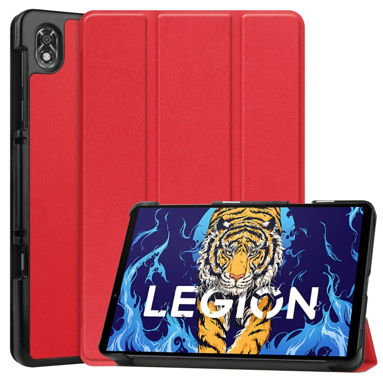 Red tri-fold leather-look tablet case with textured finish and front stand