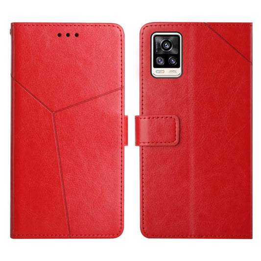 Red leather flip phone case with camera cutout and front latch, two-view set