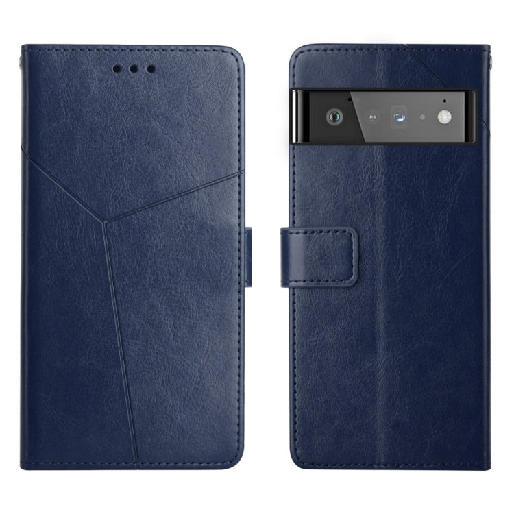 Blue leather flip phone case with diagonal stitching and cutout for camera and speaker