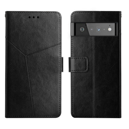 Black leather flip phone case with diagonal seam, camera window, and front strap closure