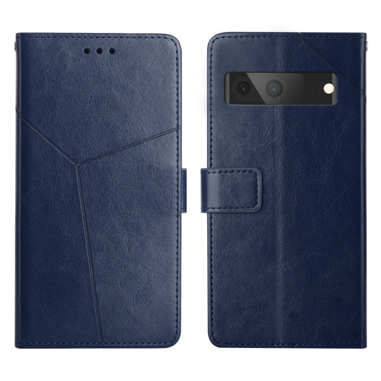 Blue leather flip phone case with camera cutout and magnetic flap, card pocket detail