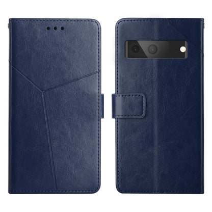 Blue leather flip phone case with camera cutout and magnetic flap, card pocket detail