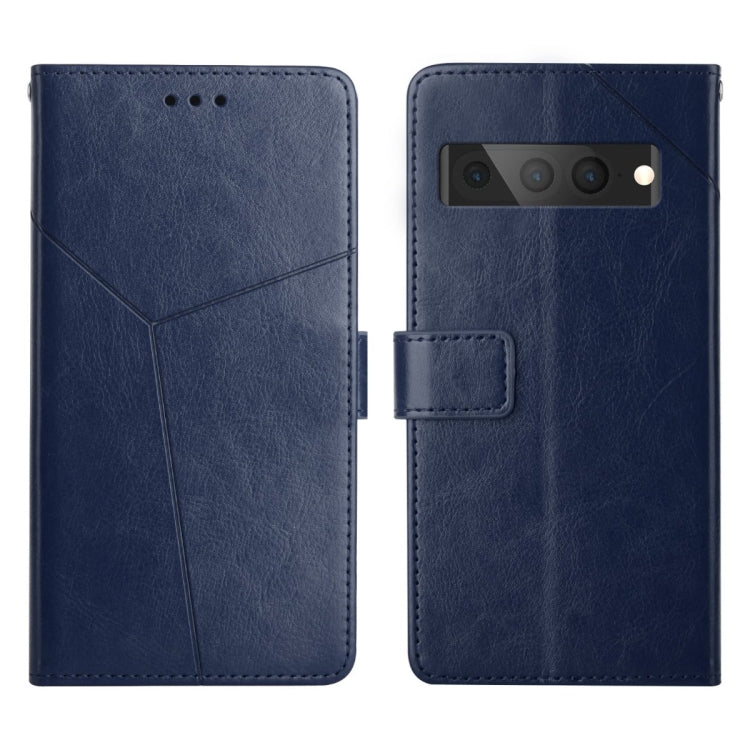 Blue leather flip phone case with card holder and camera cutout, front and back view