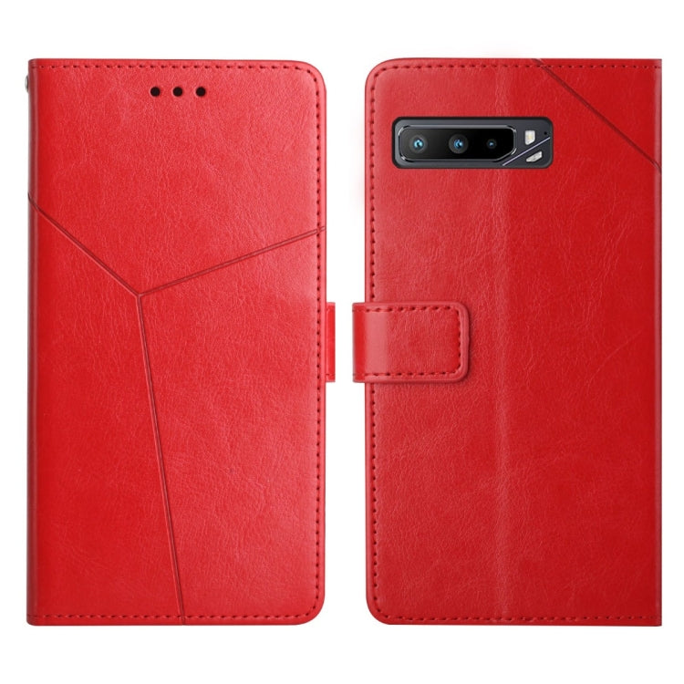 Red flip leather phone case with horizontal stitching, camera cutout, and fold-over strap
