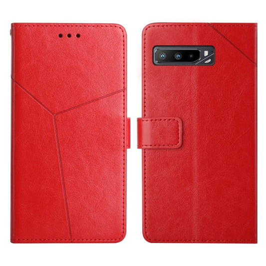 Red flip leather phone case with horizontal stitching, camera cutout, and fold-over strap