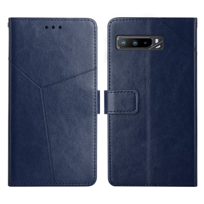 Blue flip leather phone case with horizontal stitching, camera cutout, and fold-over strap