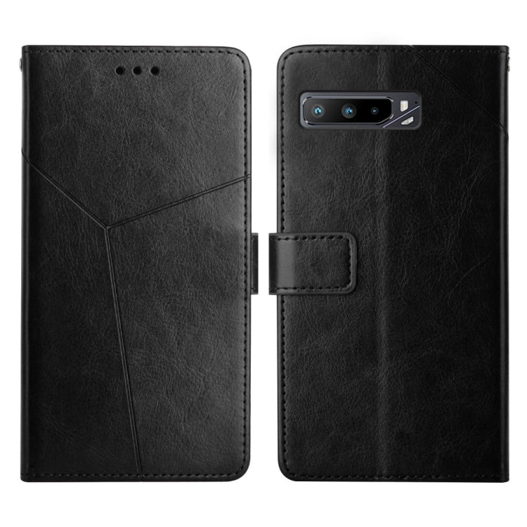 Black flip leather phone case with horizontal stitching, camera cutout, and fold-over strap