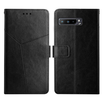 Black flip leather phone case with horizontal stitching, camera cutout, and fold-over strap