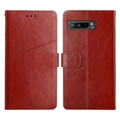 Red flip leather phone case with horizontal stitching, camera cutout, and fold-over strap