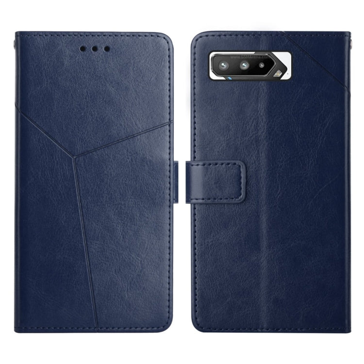 Blue leather flip phone case with stitched pattern, front cutouts and rear camera opening