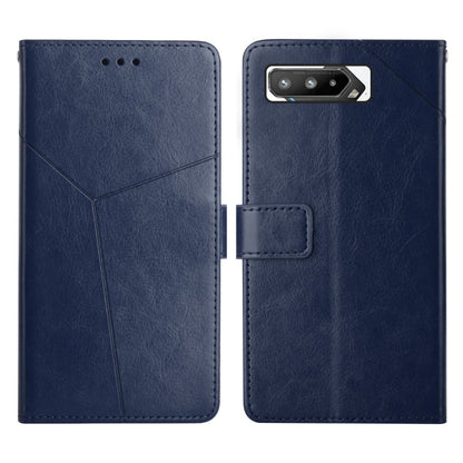 Blue leather flip phone case with stitched pattern, front cutouts and rear camera opening