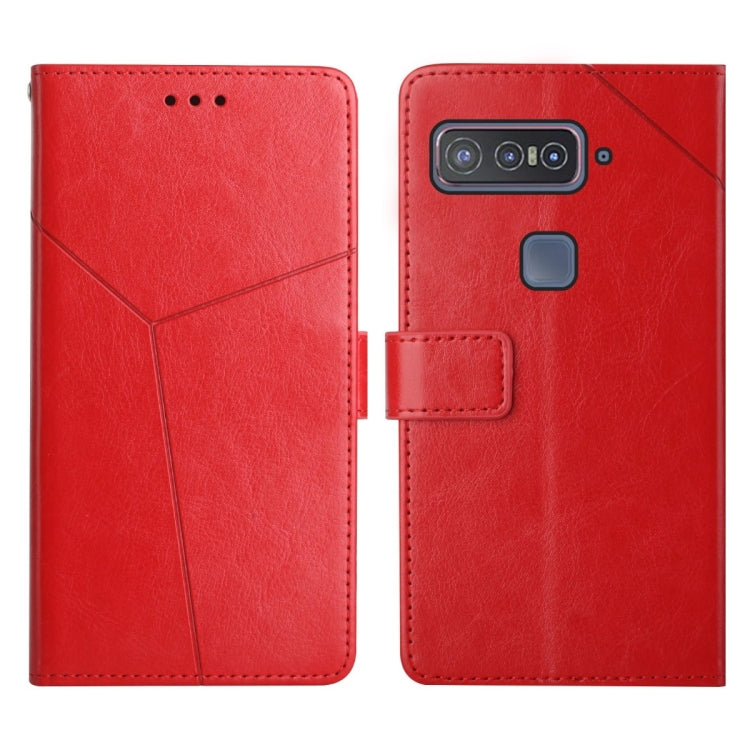 Red leather flip phone case with stitched panel, rear camera cutout and side button opening