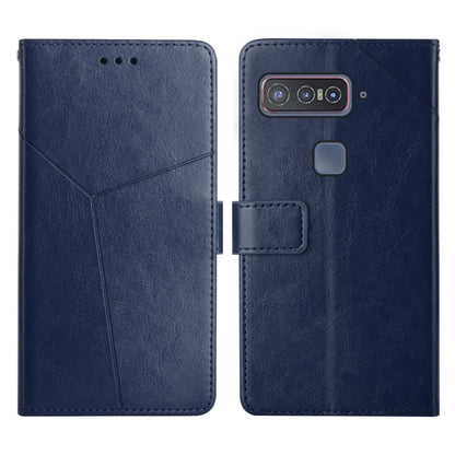 Blue leather flip phone case with stitched panel, rear camera cutout and side button opening