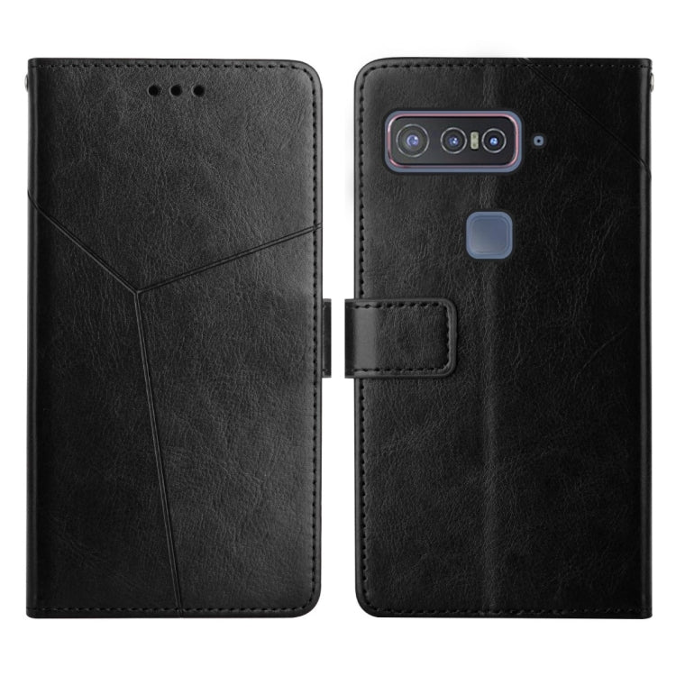 Black leather flip phone case with stitched panel, rear camera cutout and side button opening