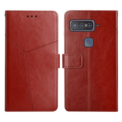 Red leather flip phone case with stitched panel, rear camera cutout and side button opening