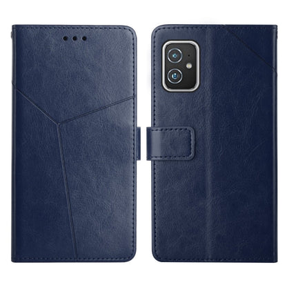Blue horizontal flip leather phone case with stitched panel and camera cutout