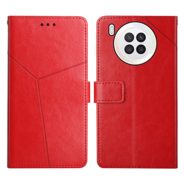 Red leather flip phone case with camera cutout and magnetic strap closure