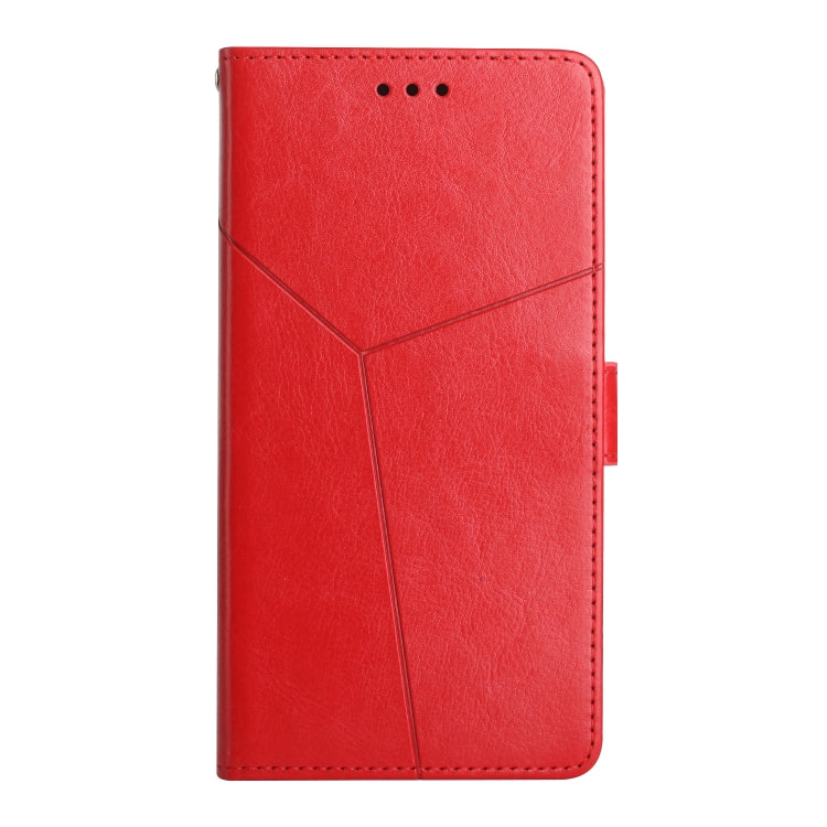 Red leather flip phone case with stitched lines and top speaker cutouts