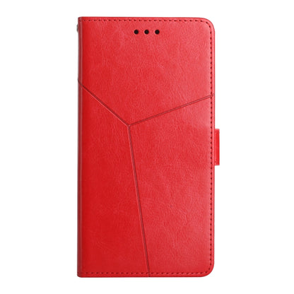 Red leather flip phone case with stitched lines and top speaker cutouts