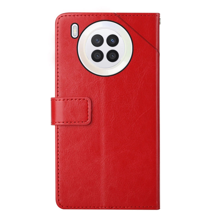 Red leather flip phone case with round camera opening and front strap tab