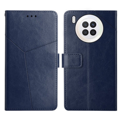 Blue leather flip phone case with camera cutout and magnetic strap closure