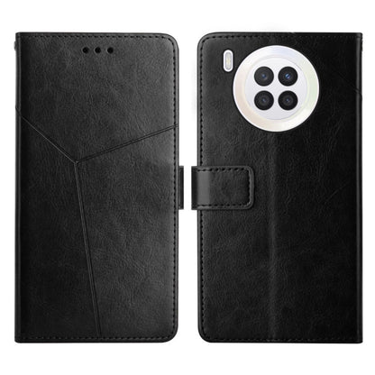 Black leather flip phone case with camera cutout and magnetic strap closure