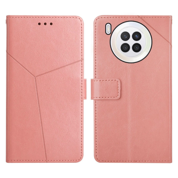 Pink leather flip phone case for Huawei nova 8i with stitched cross design and camera cutout